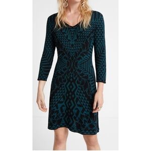 NWT Desigual Silk/Cotton Blend Lightweight Sweater Dress, Medium, Green/Black